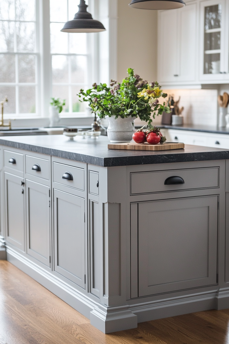16. Light Gray Island with Soapstone Countertop (Farmhouse Kitchen Island Ideas) - Farmhouse Kitchen Island Ideas