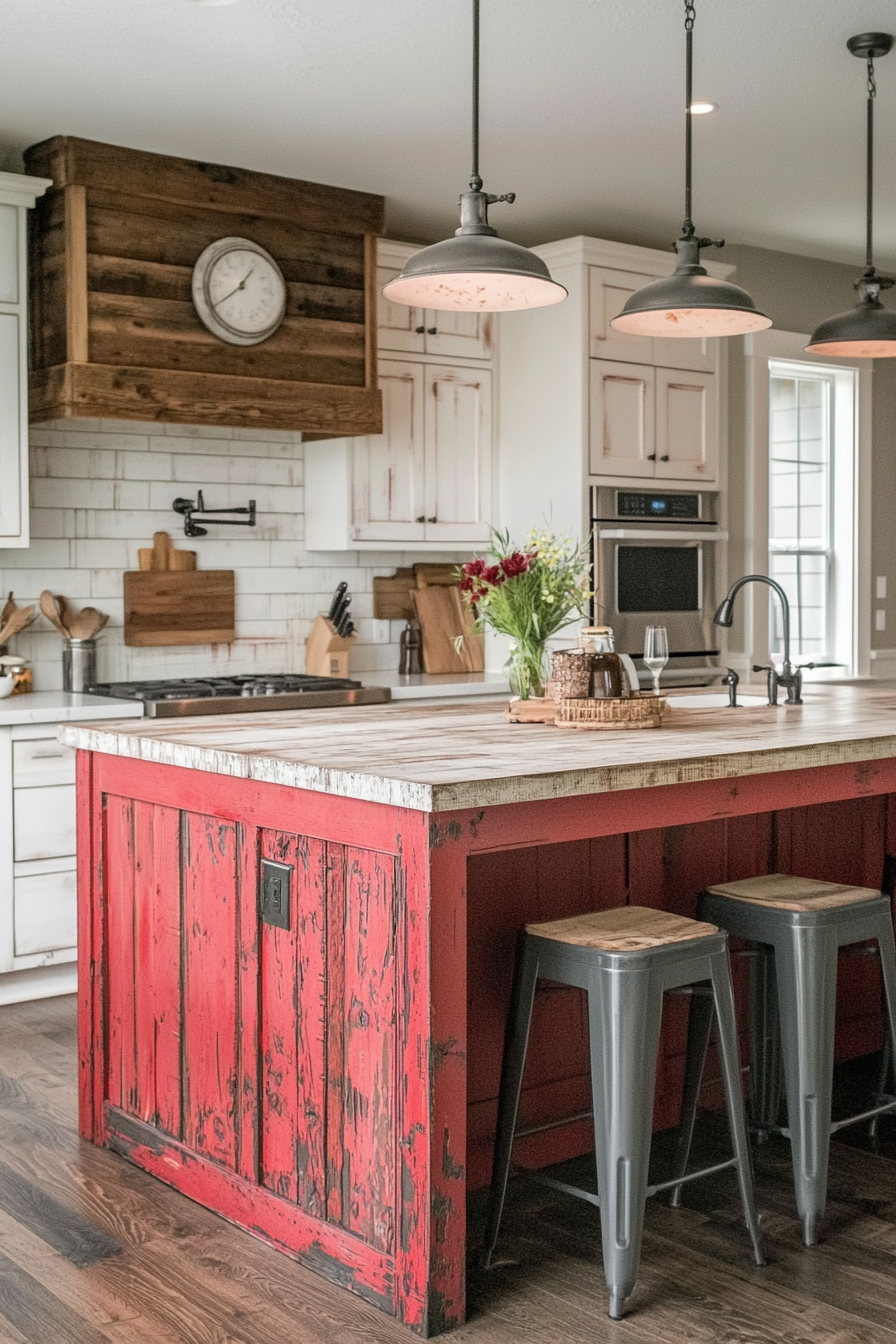 17. Barn Red Island with Distressed Finish (Farmhouse Kitchen Island Ideas) - Farmhouse Kitchen Island Ideas