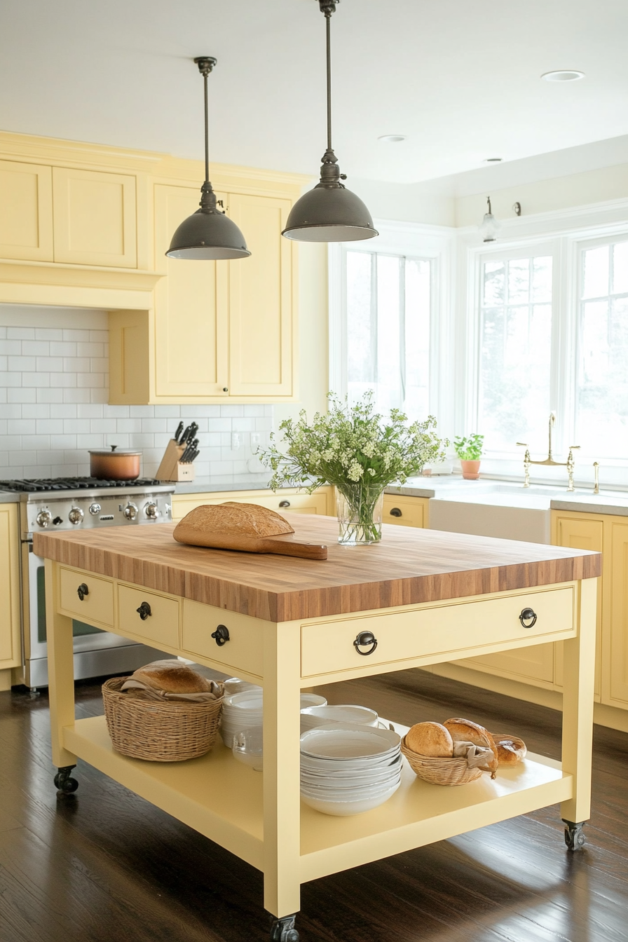 18. Pale Yellow Island with Butcher Block Top (Farmhouse Kitchen Island Ideas) - Farmhouse Kitchen Island Ideas