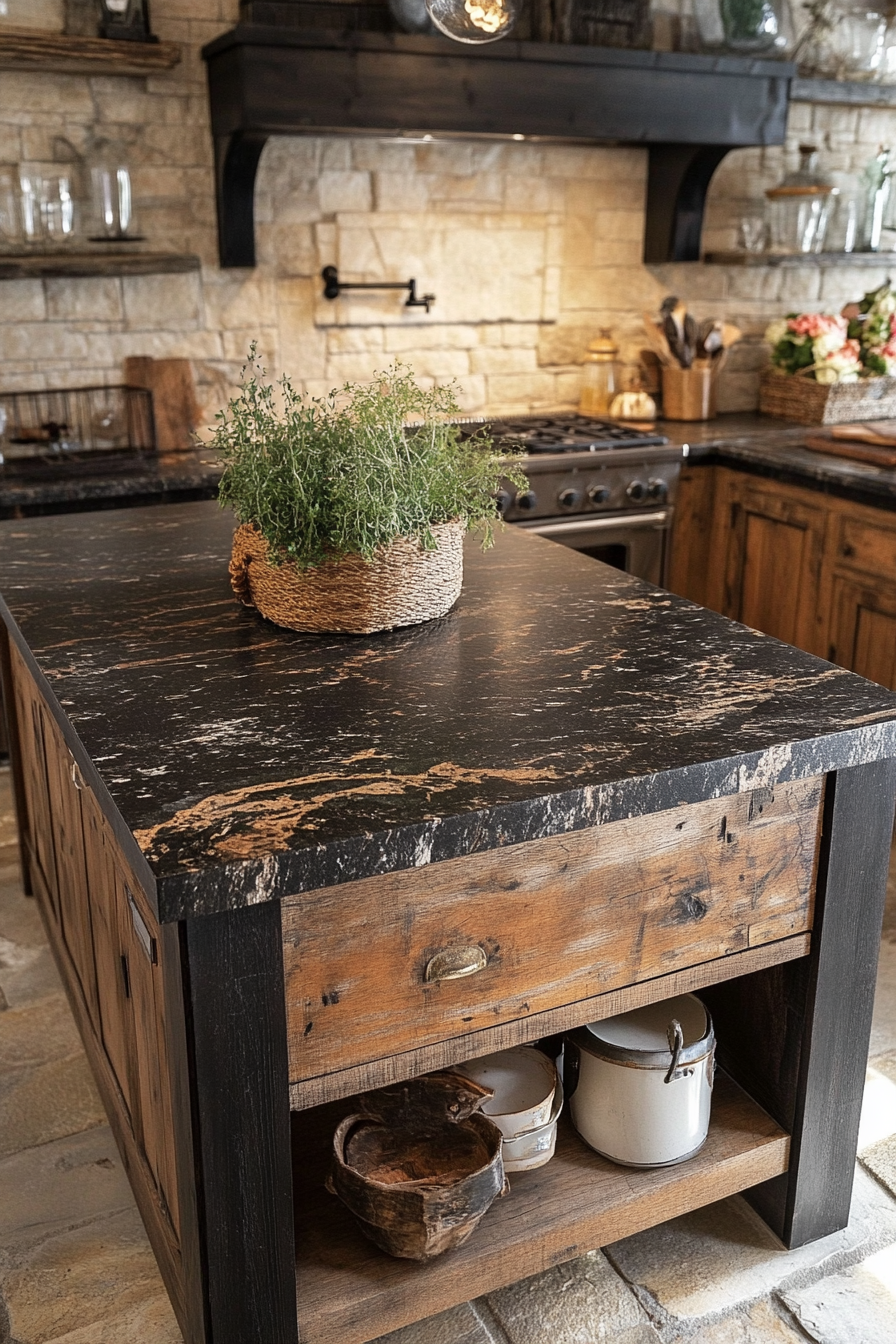 19. Dark Mahogany Island with Granite Countertop (Farmhouse Kitchen Island Ideas) - Farmhouse Kitchen Island Ideas