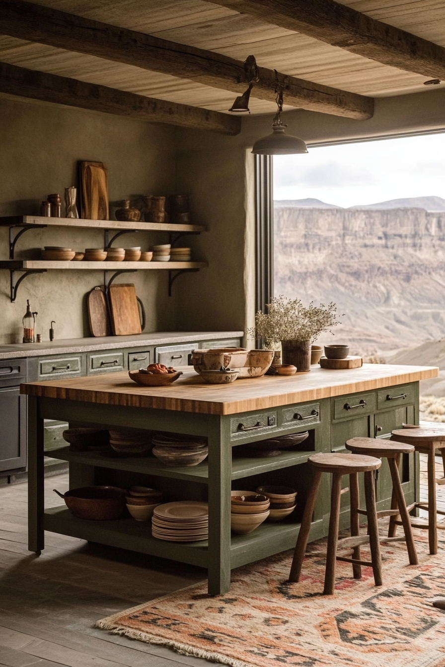 20. Olive Green Island with Open Shelving (Farmhouse Kitchen Island Ideas) - Farmhouse Kitchen Island Ideas