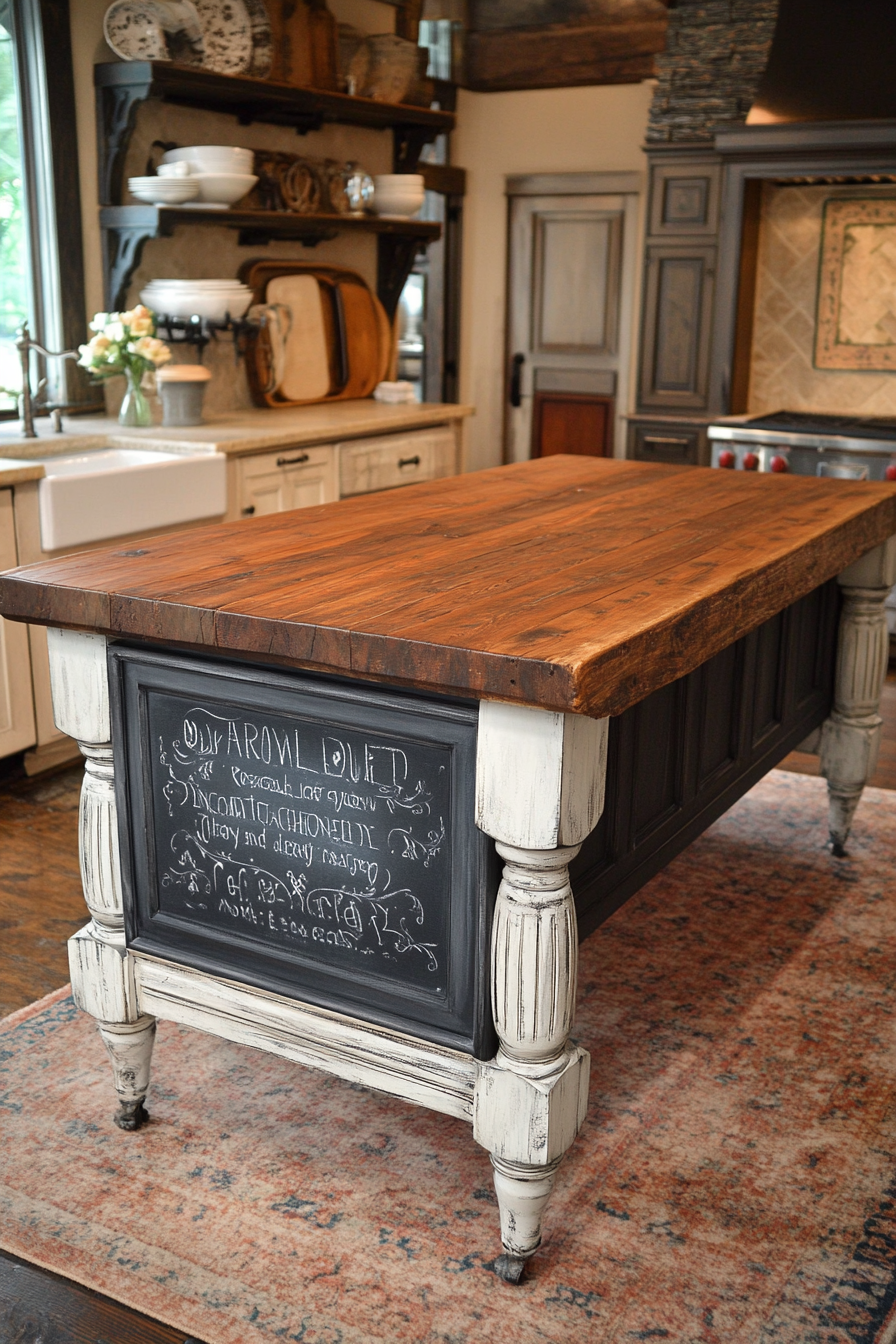 21. Chalkboard-Painted Island with Wooden Top (Farmhouse Kitchen Island Ideas) - Farmhouse Kitchen Island Ideas