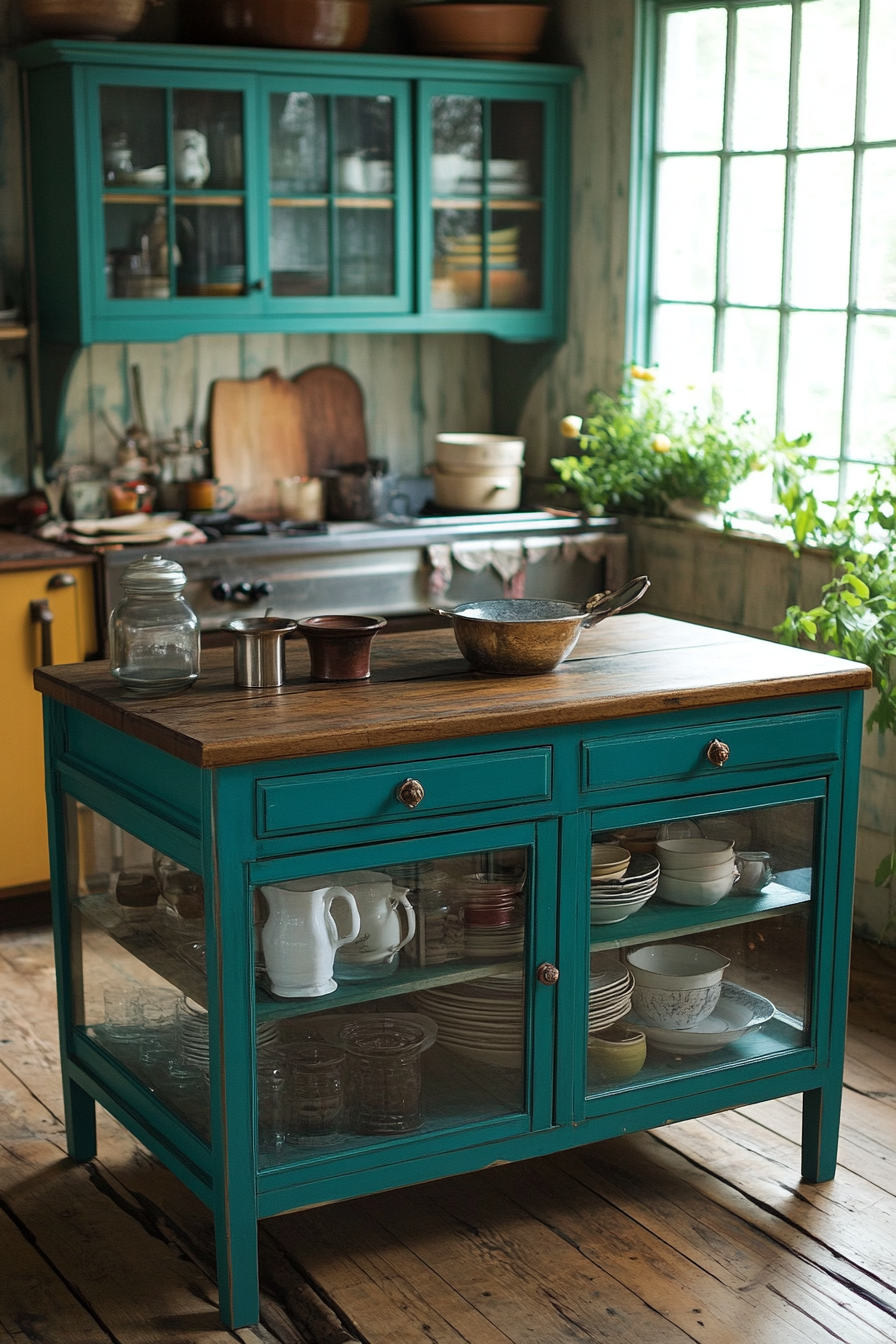 22. Teal Island with Glass-Front Cabinets (Farmhouse Kitchen Island Ideas) - Farmhouse Kitchen Island Ideas