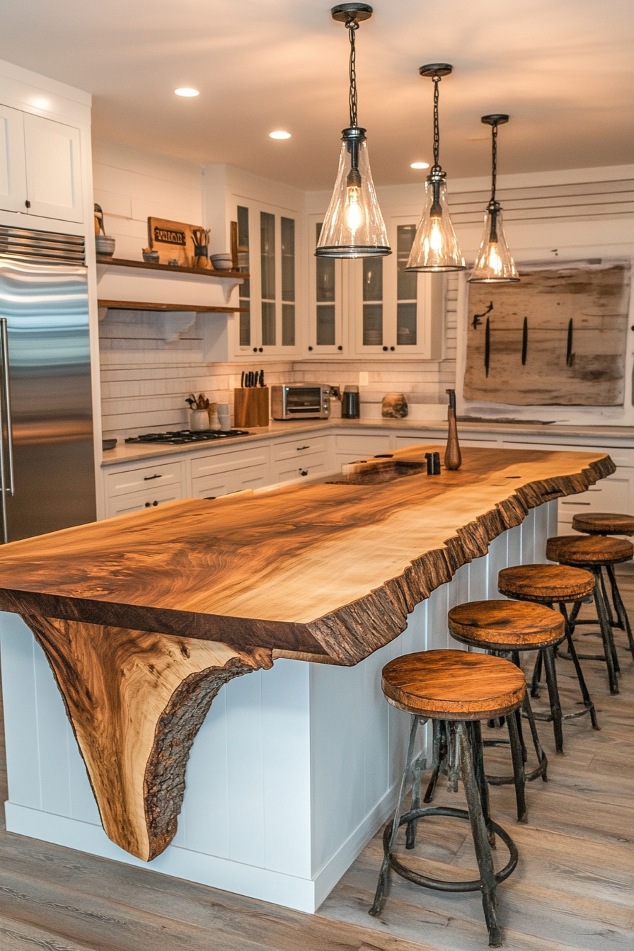 23. Rustic Pine Island with Live Edge Countertop (Farmhouse Kitchen Island Ideas) - Farmhouse Kitchen Island Ideas