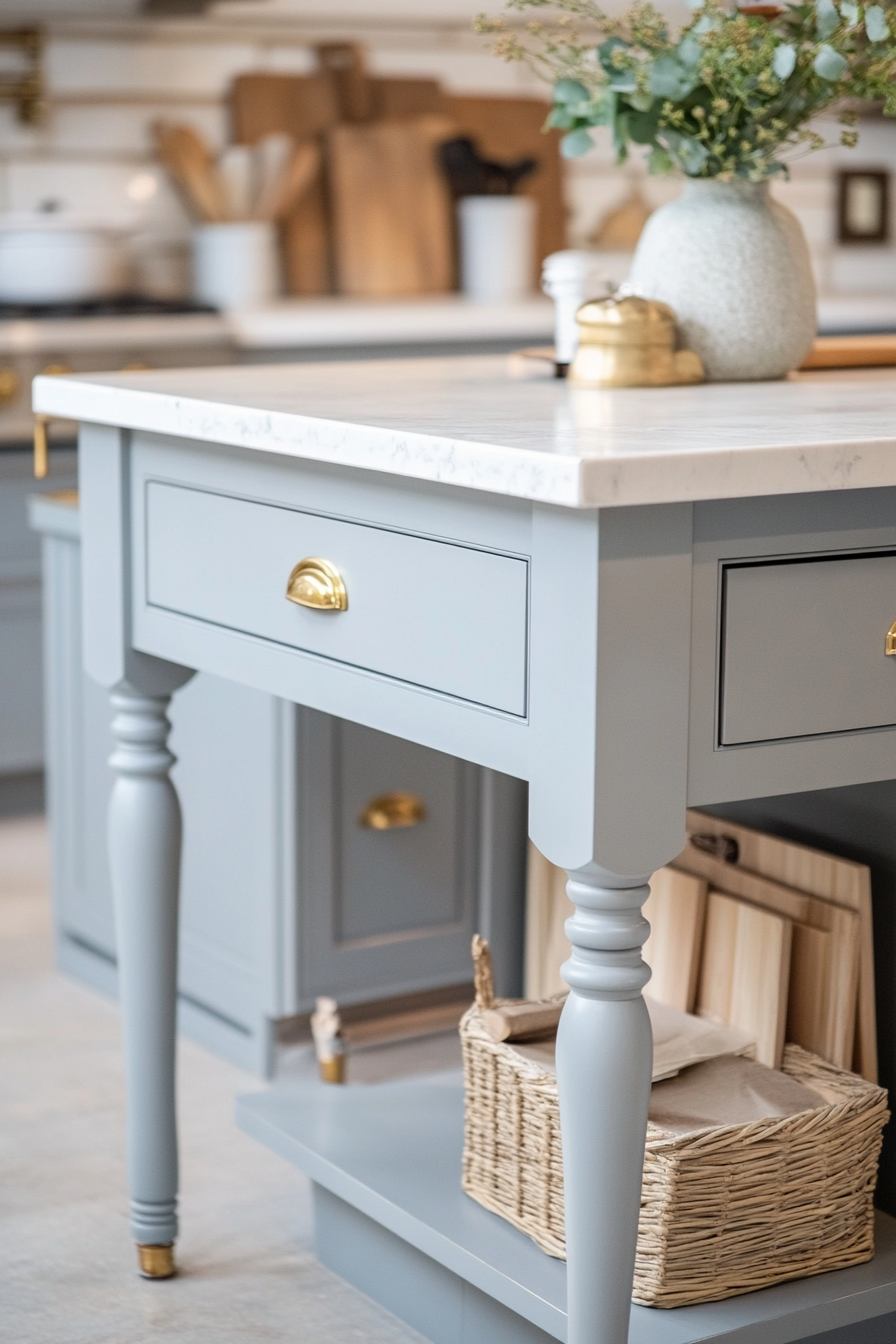 24. Soft Gray Island with Brass Hardware (Farmhouse Kitchen Island Ideas) - Farmhouse Kitchen Island Ideas