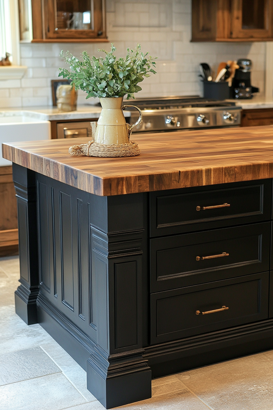 25. Black Island with Butcher Block Top (Farmhouse Kitchen Island Ideas) - Farmhouse Kitchen Island Ideas