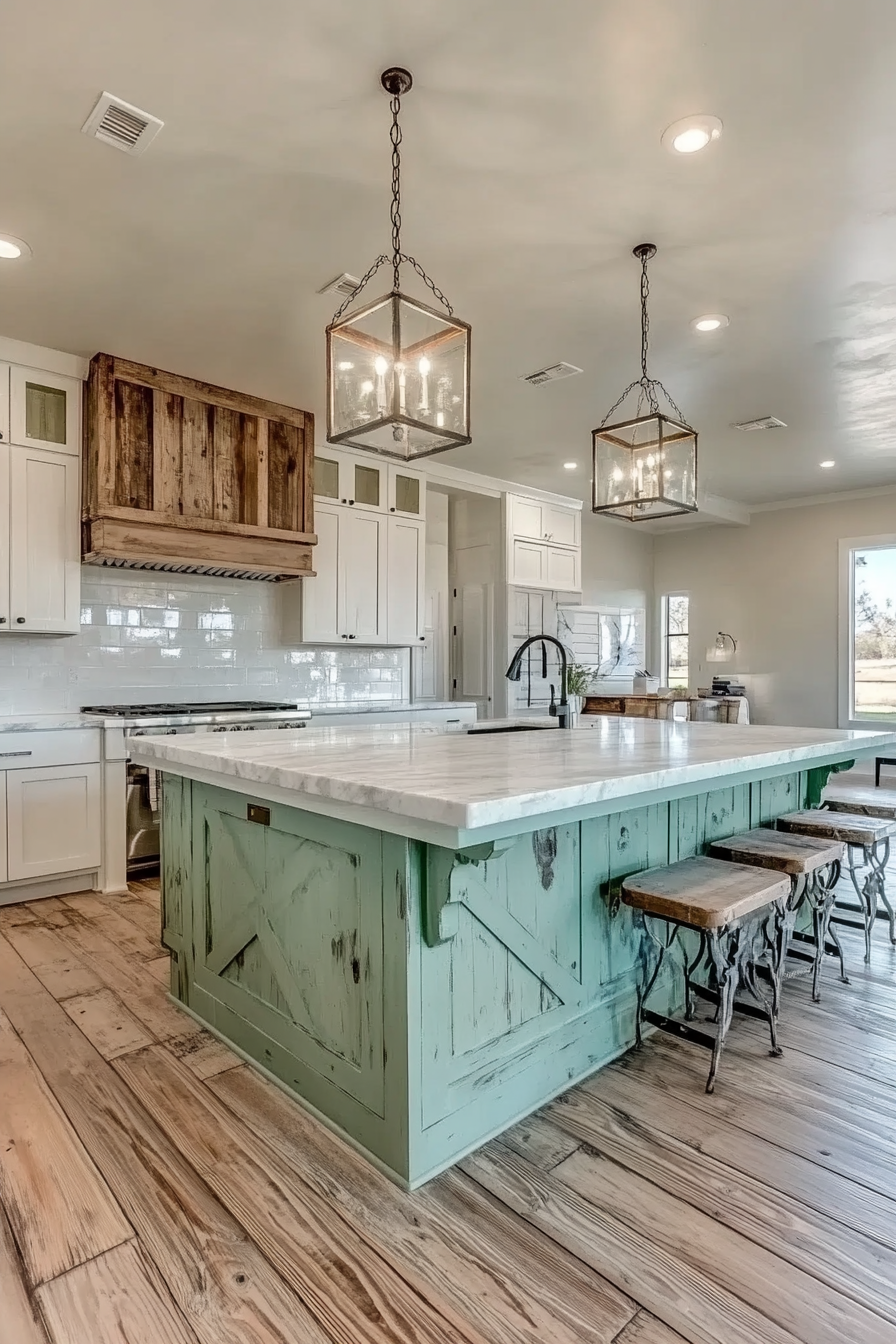 26. Mint Green Island with White Marble Countertop (Farmhouse Kitchen Island Ideas) - Farmhouse Kitchen Island Ideas