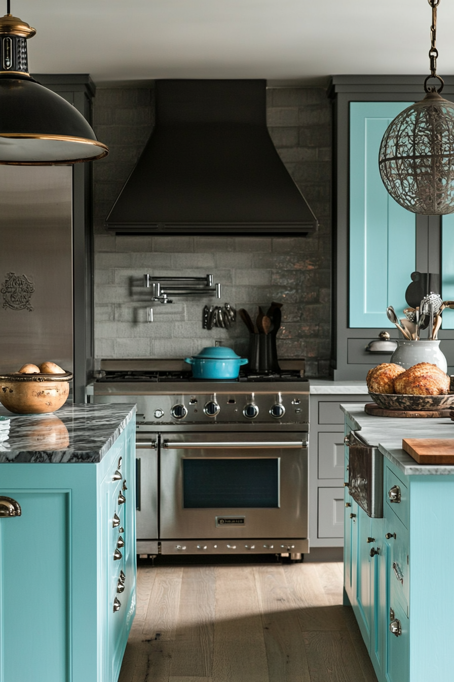 16. Turquoise and Smoke Gray Fusion (Blue And Gray Kitchen Ideas) - Blue And Gray Kitchen Ideas