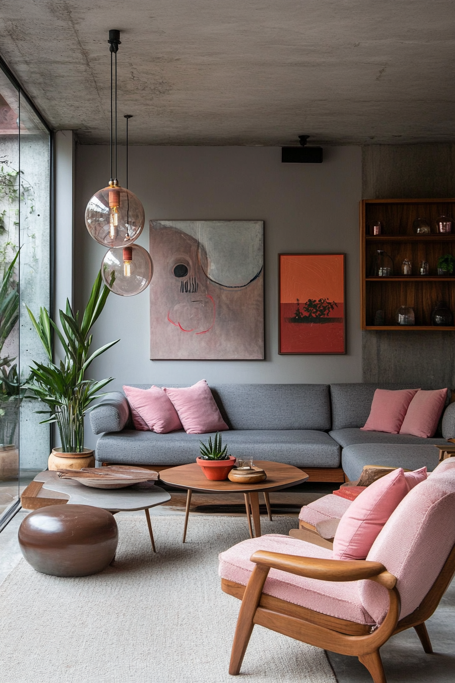 9. Mid-Century Modern (Pink And Grey Living Room Ideas) - Pink And Grey Living Room Ideas