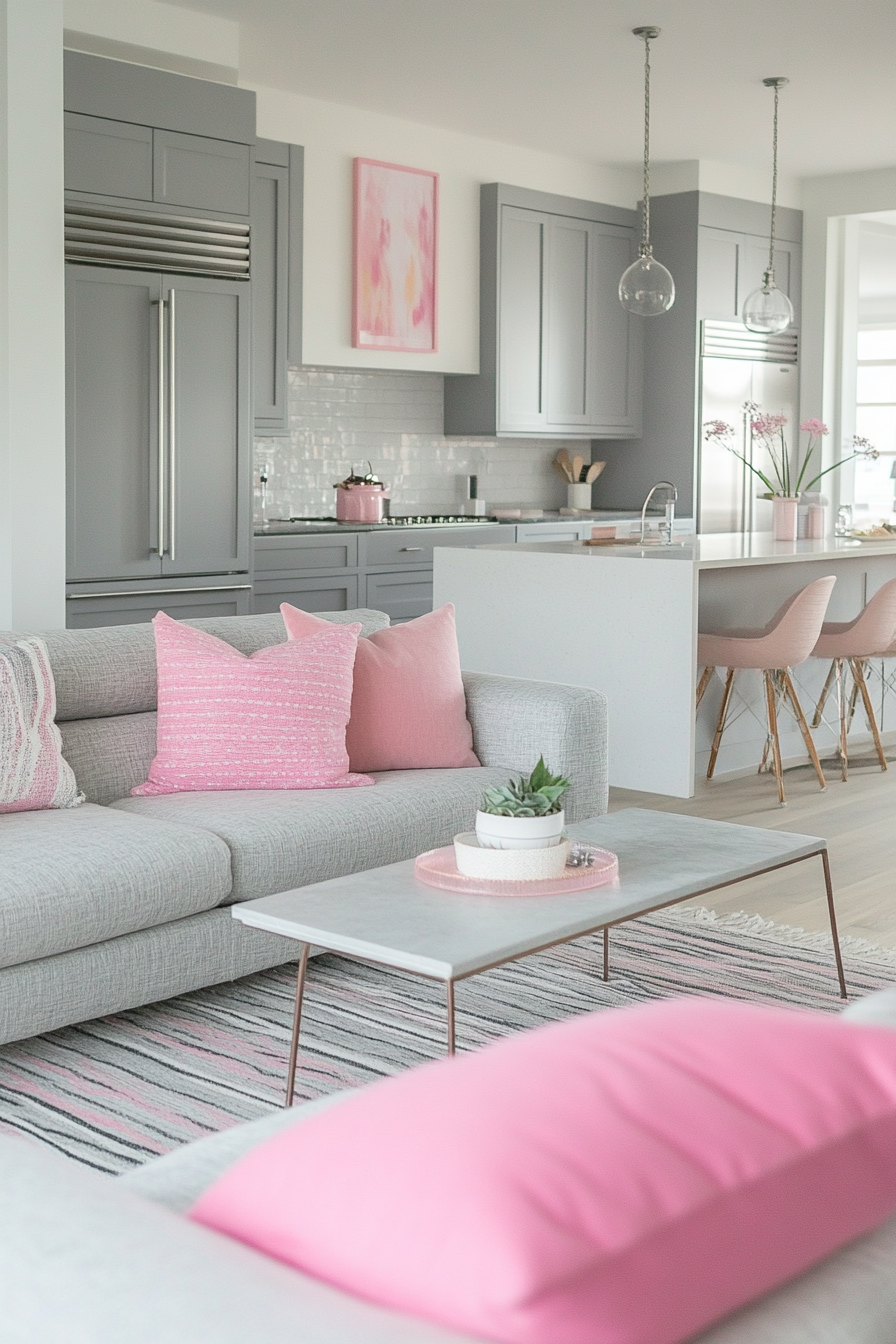 26. Open Concept Harmony (Pink And Grey Living Room Ideas) - Pink And Grey Living Room Ideas