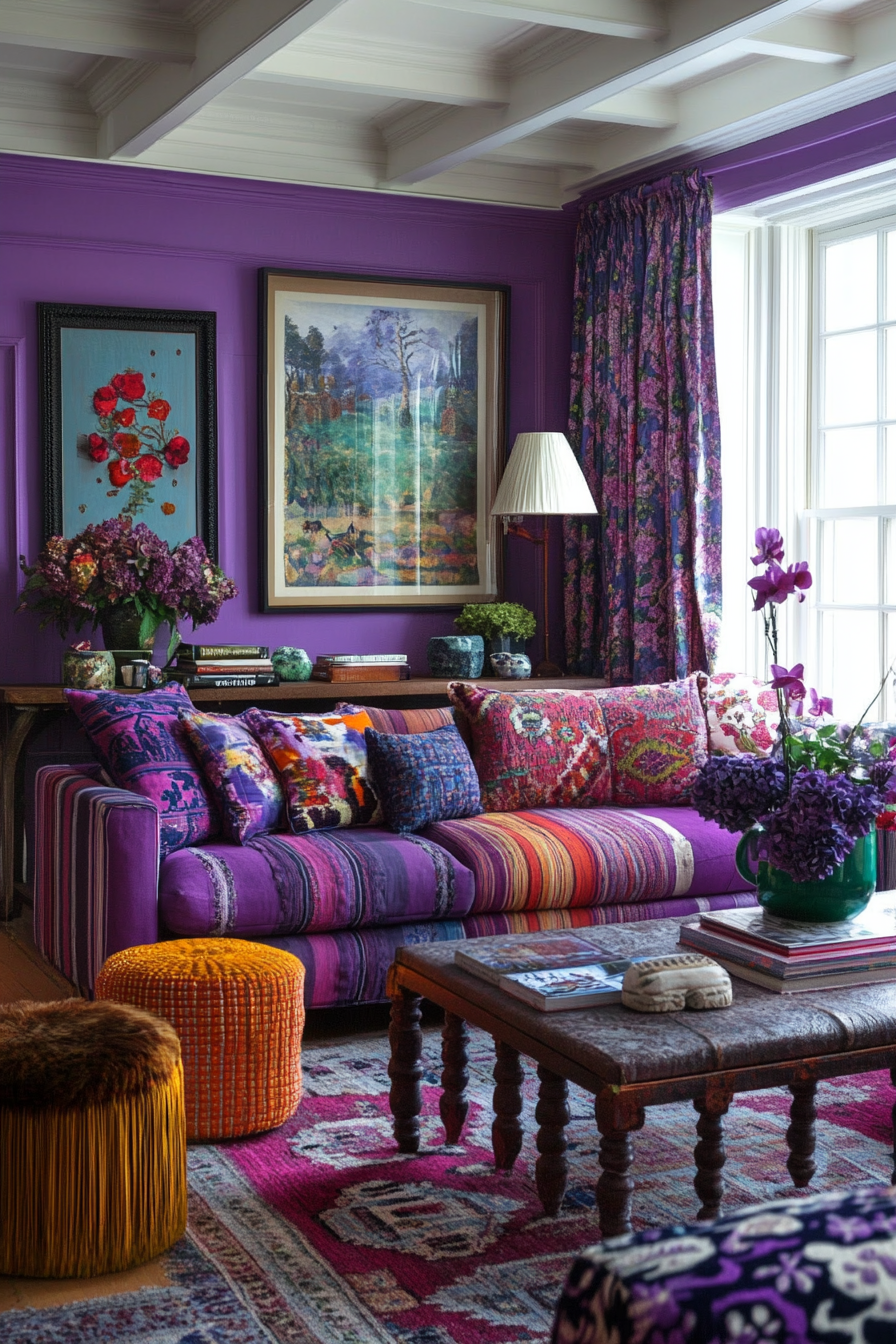 27. Purple Patchwork Parlour (Purple Living Room Ideas) - Purple Living Room Ideas