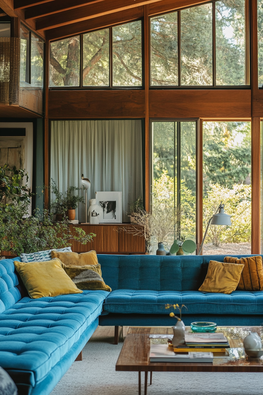 6. Retro Vibe (Blue Sofa Living Room Ideas) - Blue Sofa Living Room Ideas