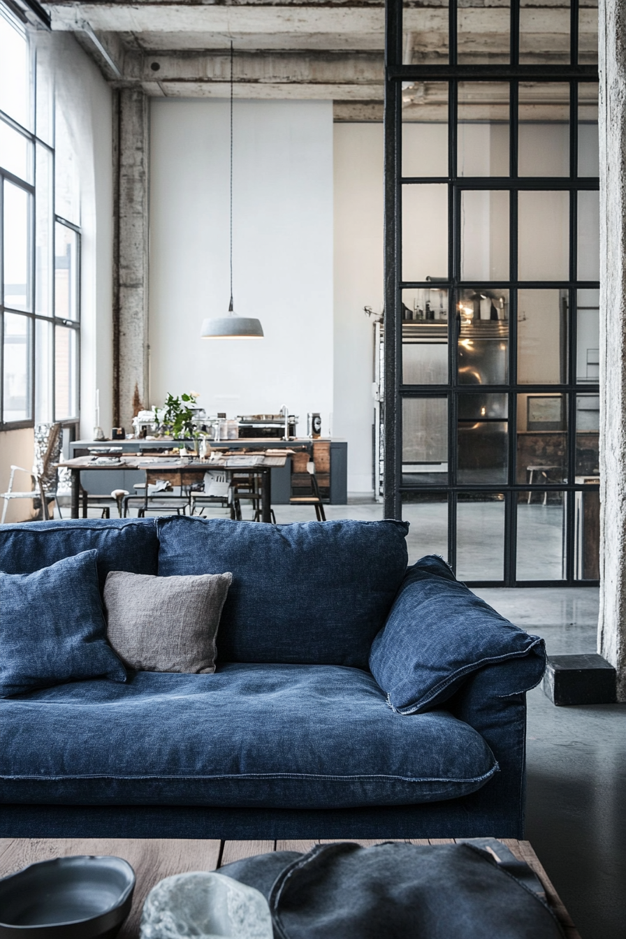 11. Industrial Edge (Blue Sofa Living Room Ideas) - Blue Sofa Living Room Ideas