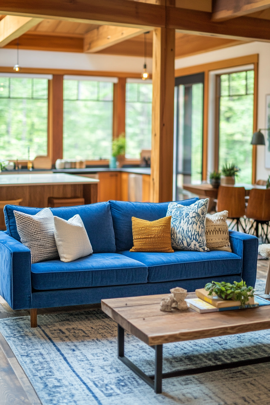 17. Warm Woodsy (Blue Sofa Living Room Ideas) - Blue Sofa Living Room Ideas