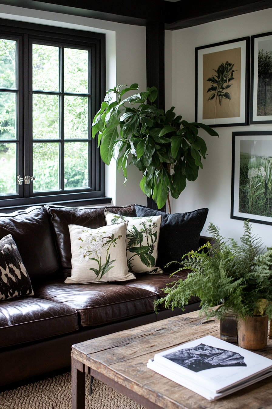 16. Botanical Haven (Dark Brown Sofa Living Room Ideas) - Dark Brown Sofa Living Room Ideas