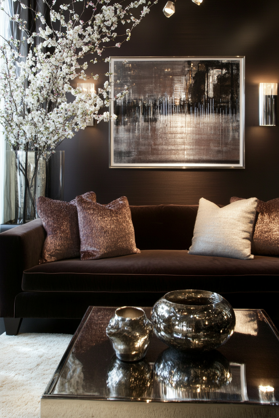 19. Glamorous Glow (Dark Brown Sofa Living Room Ideas) - Dark Brown Sofa Living Room Ideas