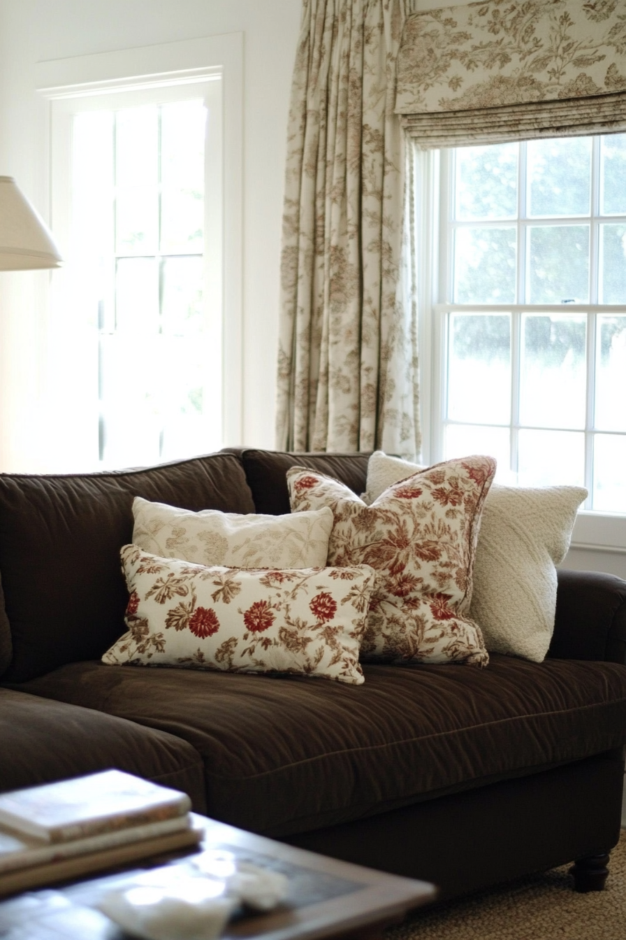 20. Cottage Cozy (Dark Brown Sofa Living Room Ideas) - Dark Brown Sofa Living Room Ideas