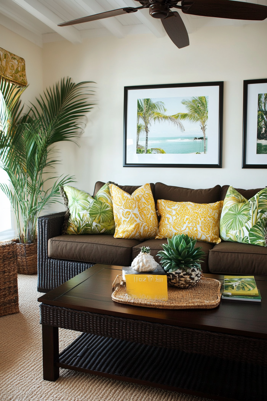 25. Tropical Escape (Dark Brown Sofa Living Room Ideas) - Dark Brown Sofa Living Room Ideas