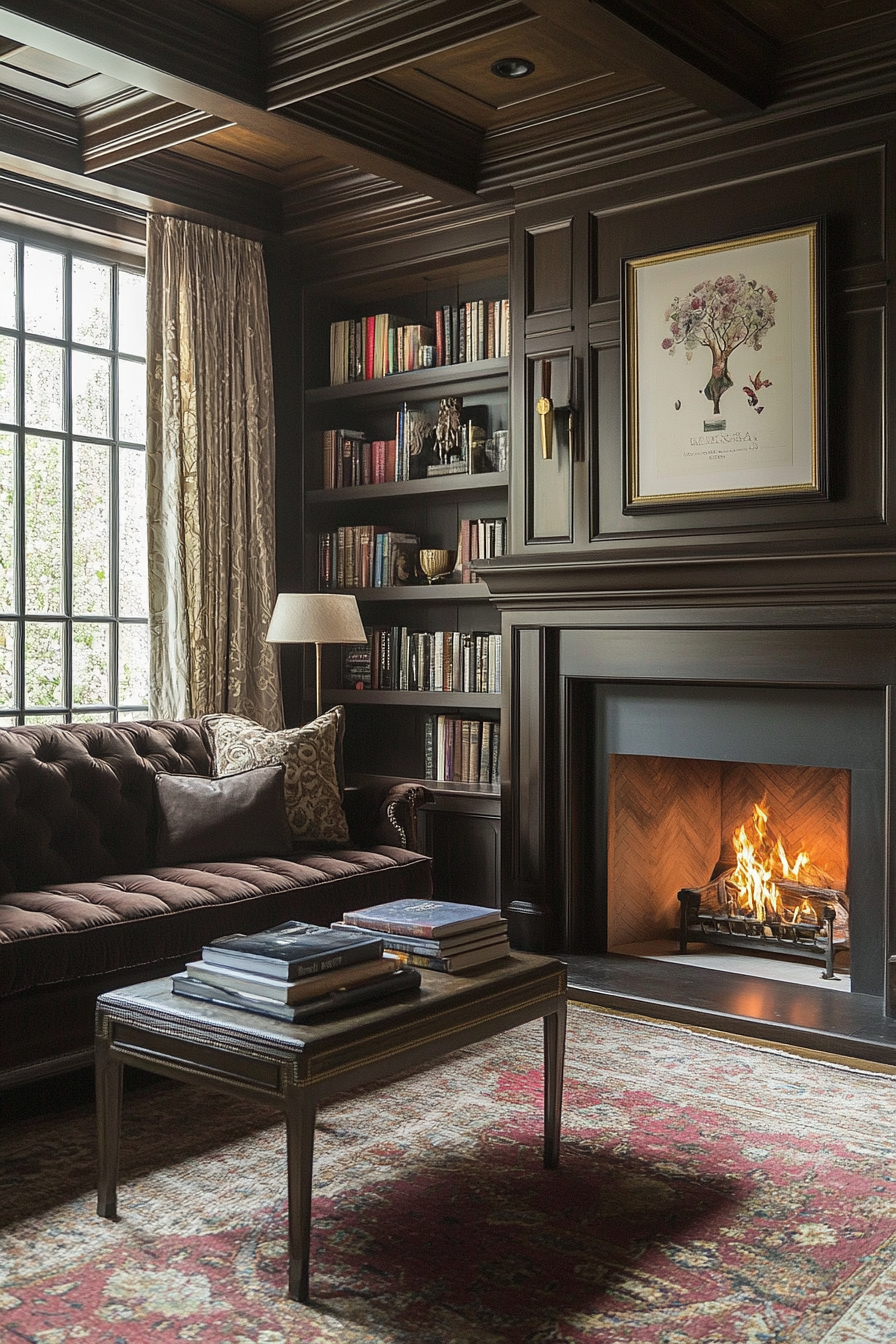 27. Fireside Reading Nook (Dark Brown Sofa Living Room Ideas) - Dark Brown Sofa Living Room Ideas