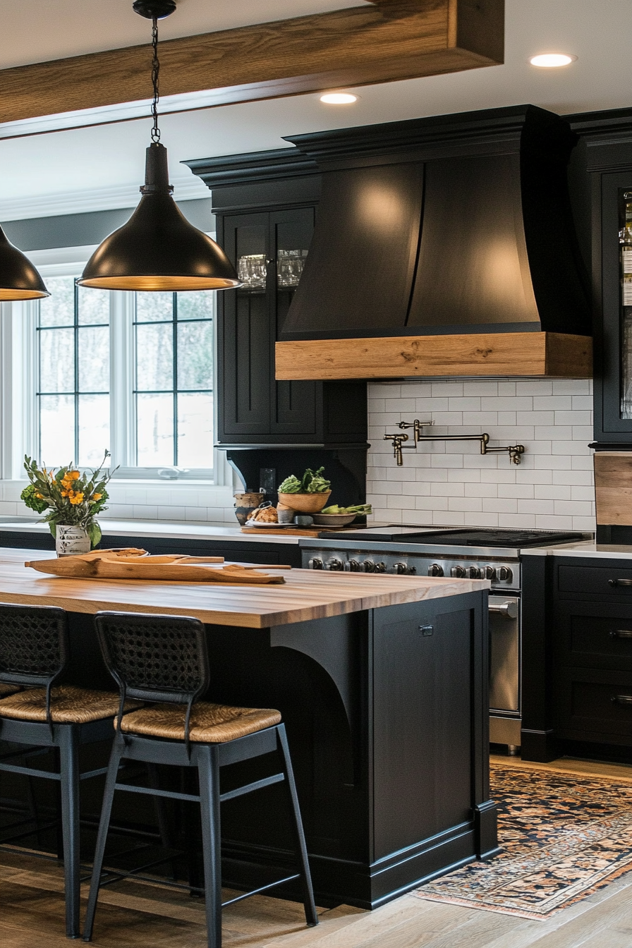 9. Monochrome Boldness (Black And Wood Kitchen Ideas) - Black And Wood Kitchen Ideas