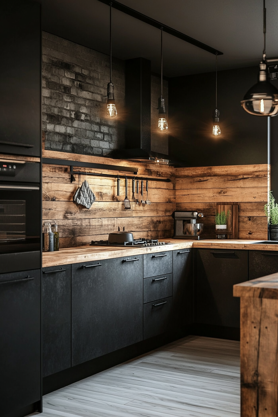 11. Rustic Industrial Vibes (Black And Wood Kitchen Ideas) - Black And Wood Kitchen Ideas