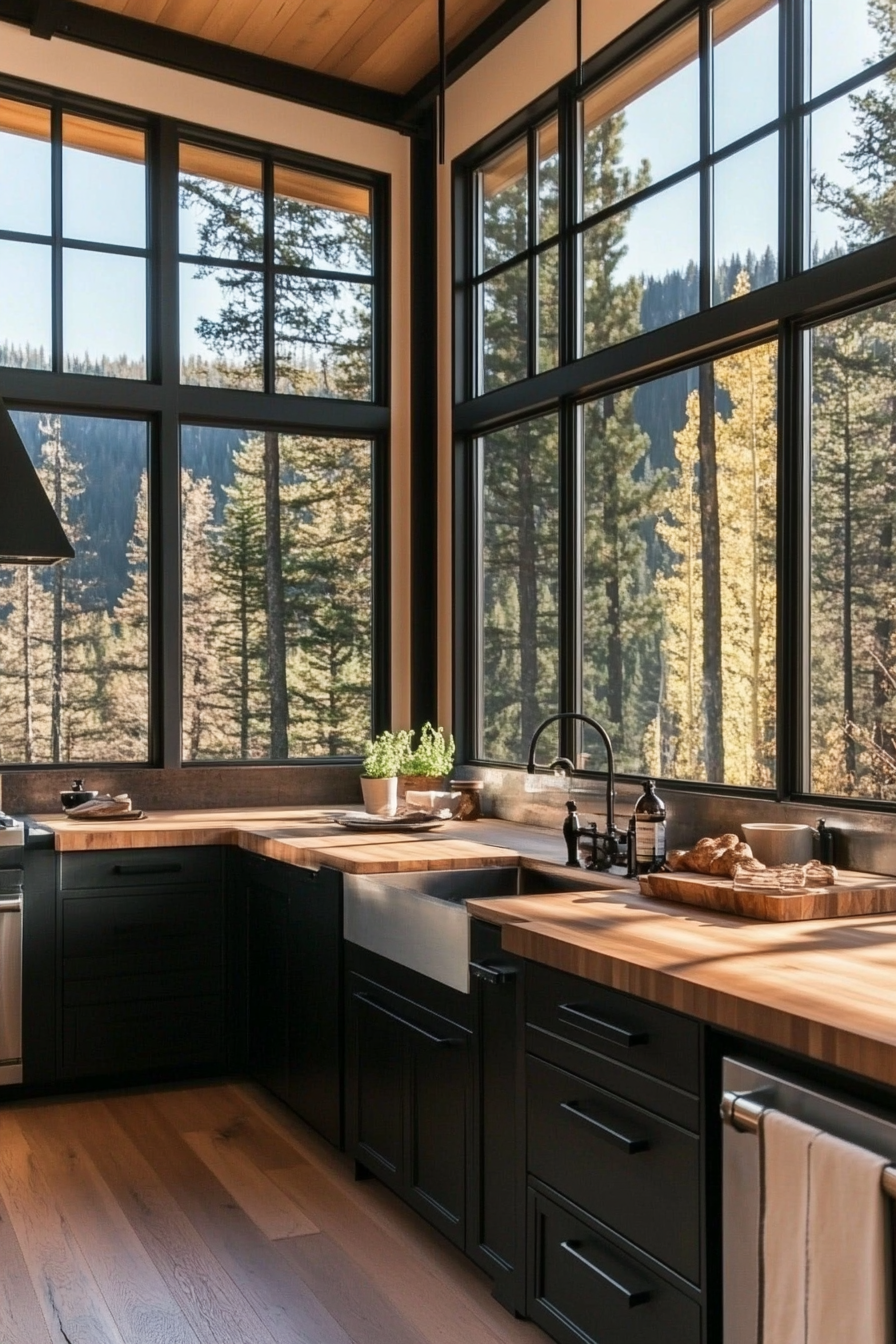 17. Monochrome with Natural Light (Black And Wood Kitchen Ideas) - Black And Wood Kitchen Ideas