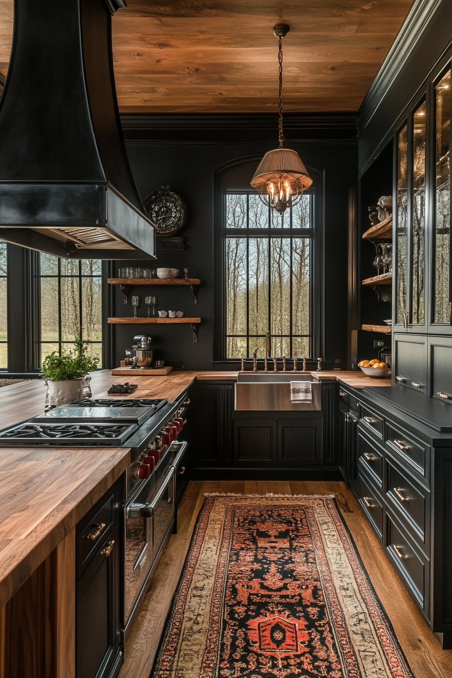 23. Elegant Black & Walnut (Black And Wood Kitchen Ideas) - Black And Wood Kitchen Ideas