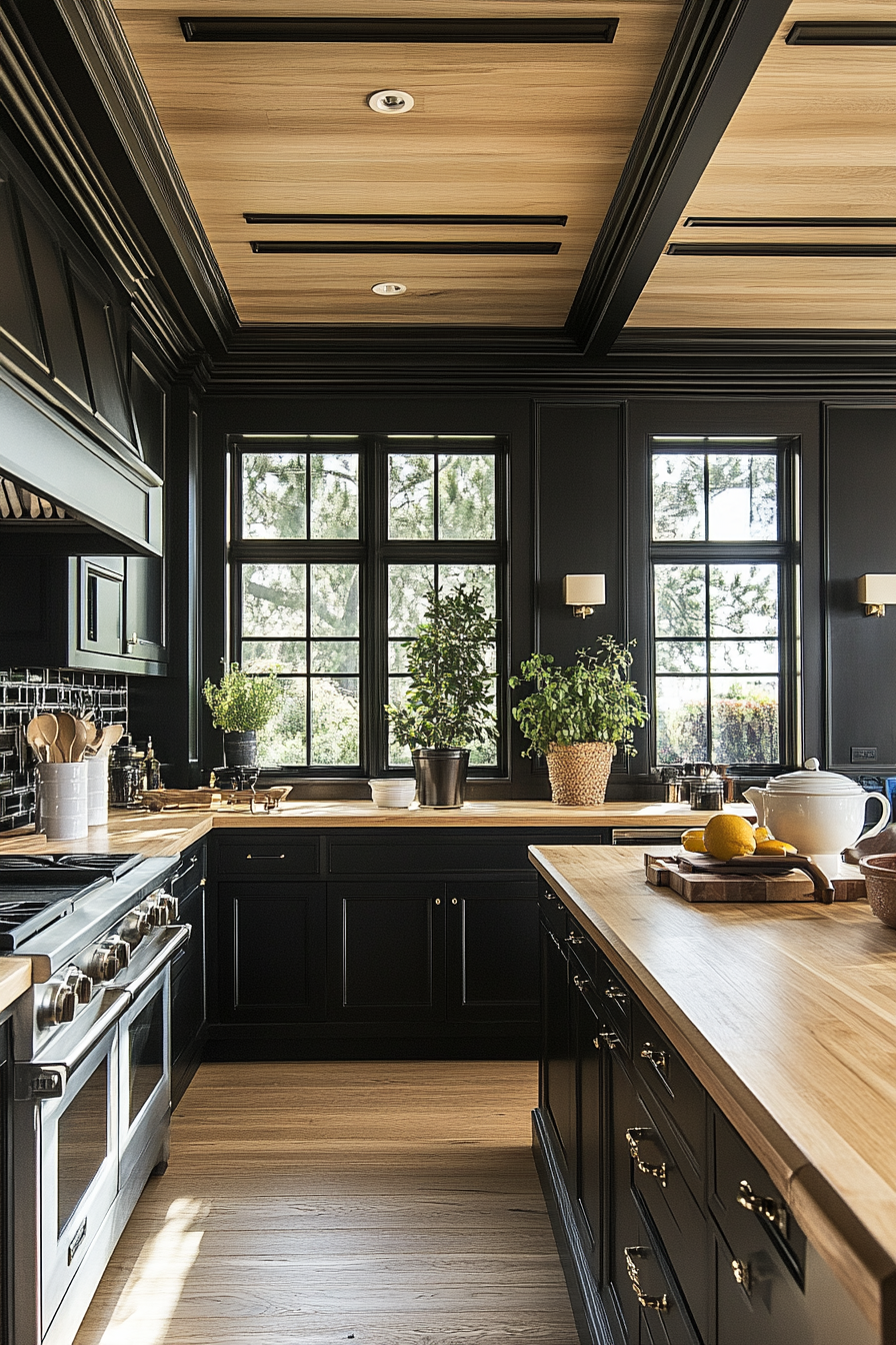 24. Bright and Airy Contrast (Black And Wood Kitchen Ideas) - Black And Wood Kitchen Ideas