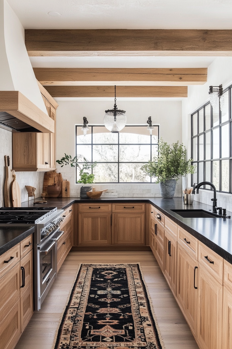 25. Bold and Bright Combo (Black And Wood Kitchen Ideas) - Black And Wood Kitchen Ideas