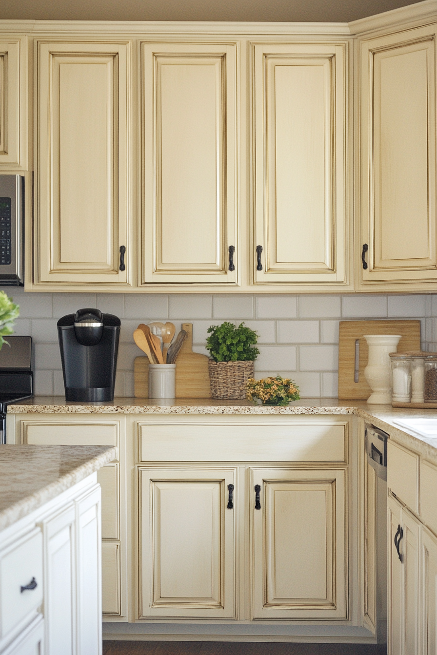 5. Antique Cream with Distressed Finish (Cream Kitchen Cabinet Ideas) - Cream Kitchen Cabinet Ideas