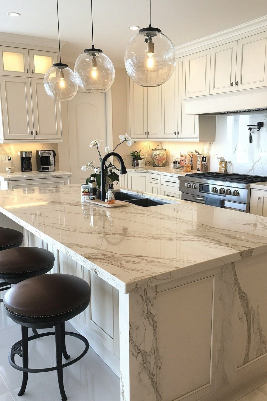 6. Cream with Marble Effect (Cream Kitchen Cabinet Ideas) - Cream Kitchen Cabinet Ideas