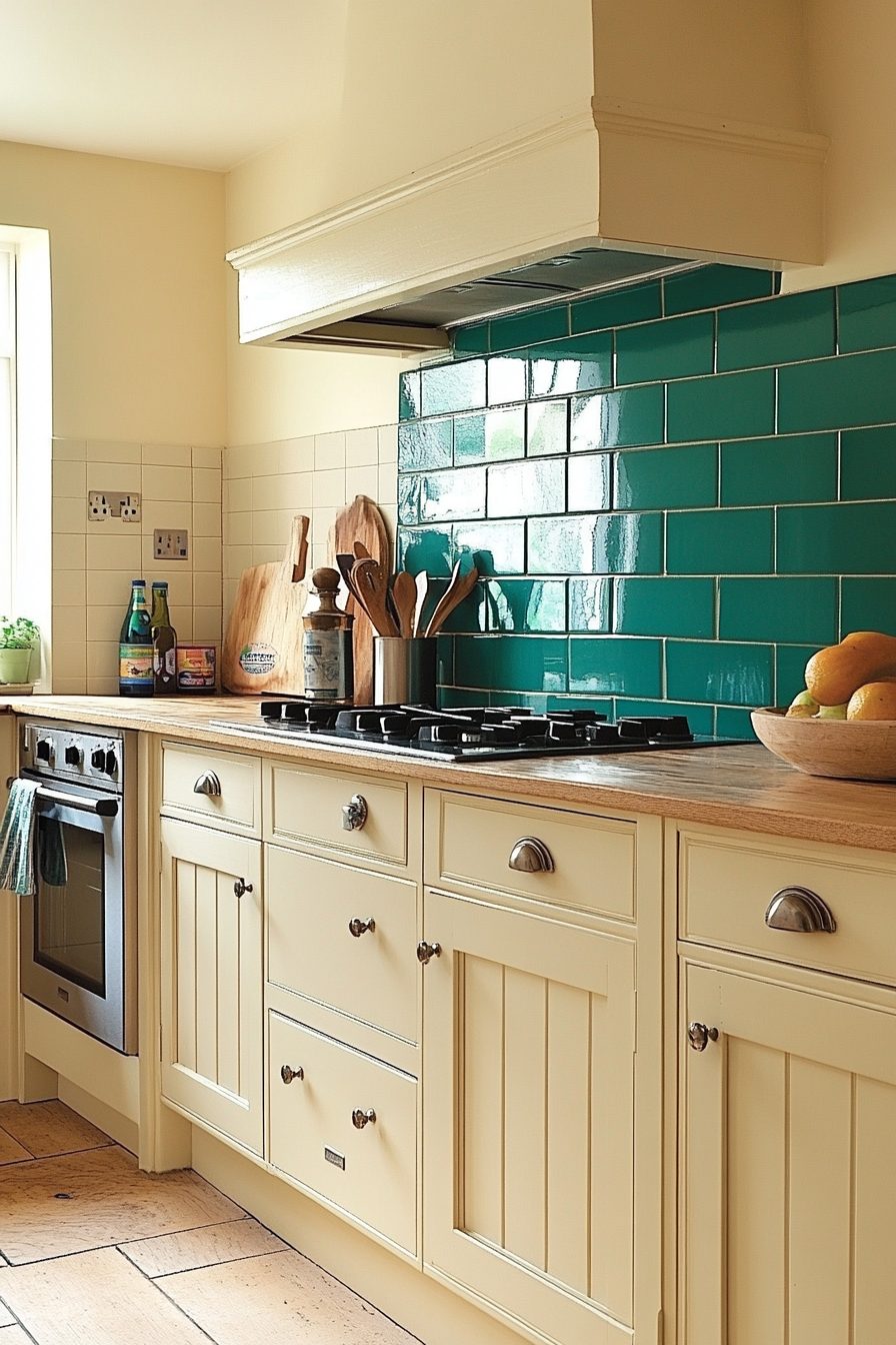 8. Light Cream with Bold Backsplash (Cream Kitchen Cabinet Ideas) - Cream Kitchen Cabinet Ideas