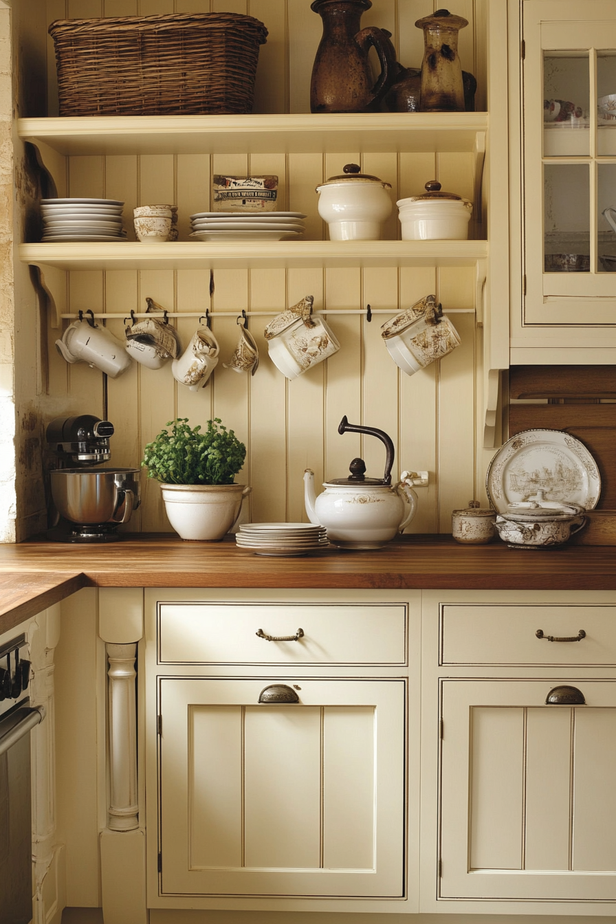 11. Rustic Cream with Open Shelving (Cream Kitchen Cabinet Ideas) - Cream Kitchen Cabinet Ideas