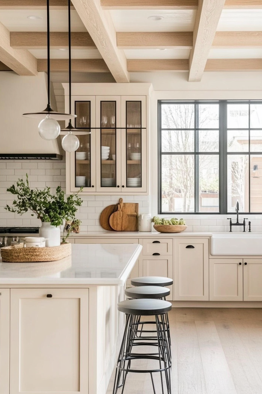 12. Soft Cream with Glass Inserts (Cream Kitchen Cabinet Ideas) - Cream Kitchen Cabinet Ideas