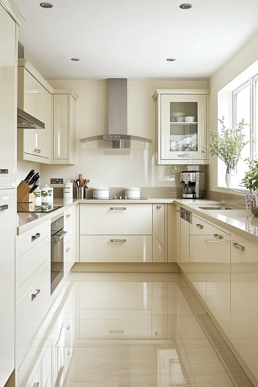 13. High Gloss Cream for Contemporary Look (Cream Kitchen Cabinet Ideas) - Cream Kitchen Cabinet Ideas