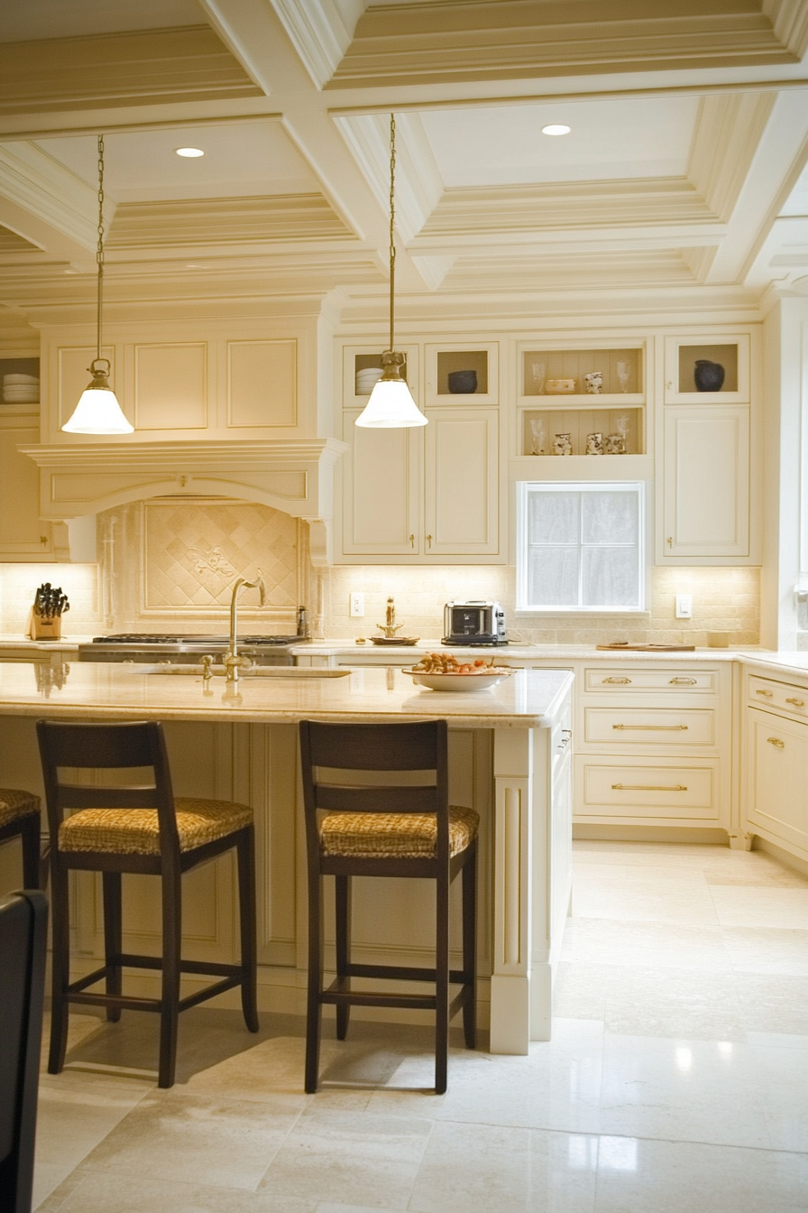 21. Light Cream with Brass Detailing (Cream Kitchen Cabinet Ideas) - Cream Kitchen Cabinet Ideas