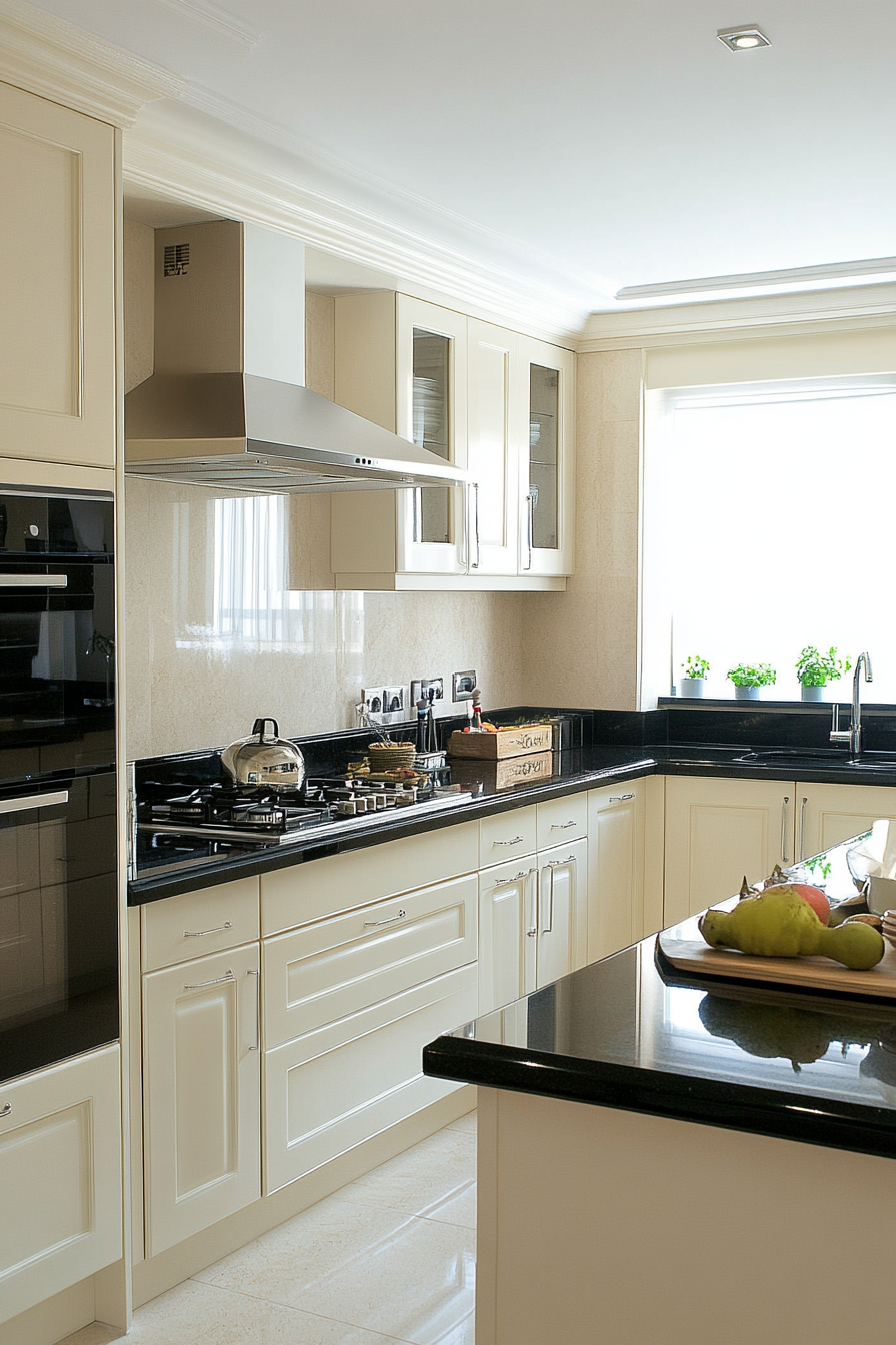 24. Glossy Cream with Black Granite (Cream Kitchen Cabinet Ideas) - Cream Kitchen Cabinet Ideas