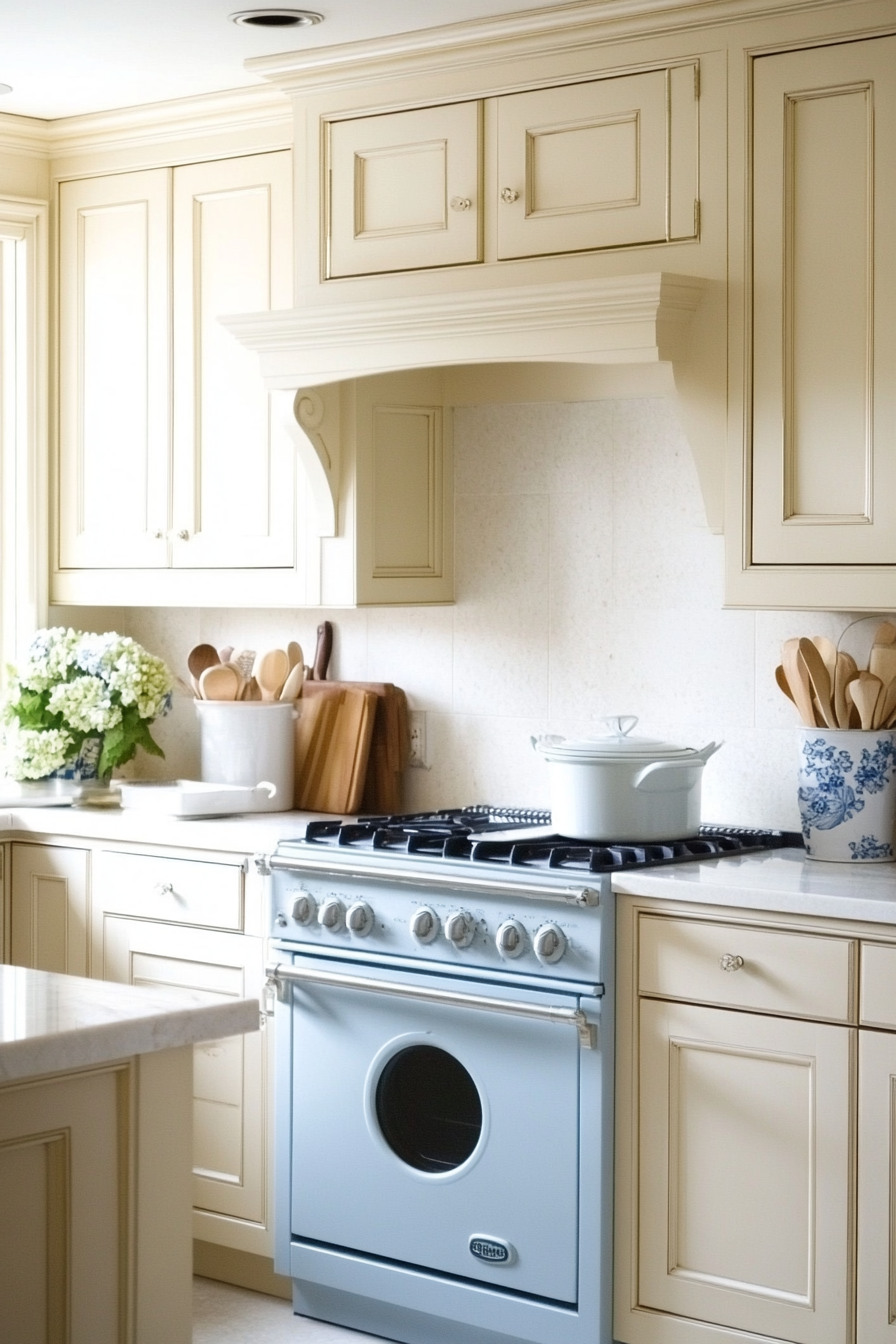 25. Subtle Cream with Soft Blue Touches (Cream Kitchen Cabinet Ideas) - Cream Kitchen Cabinet Ideas
