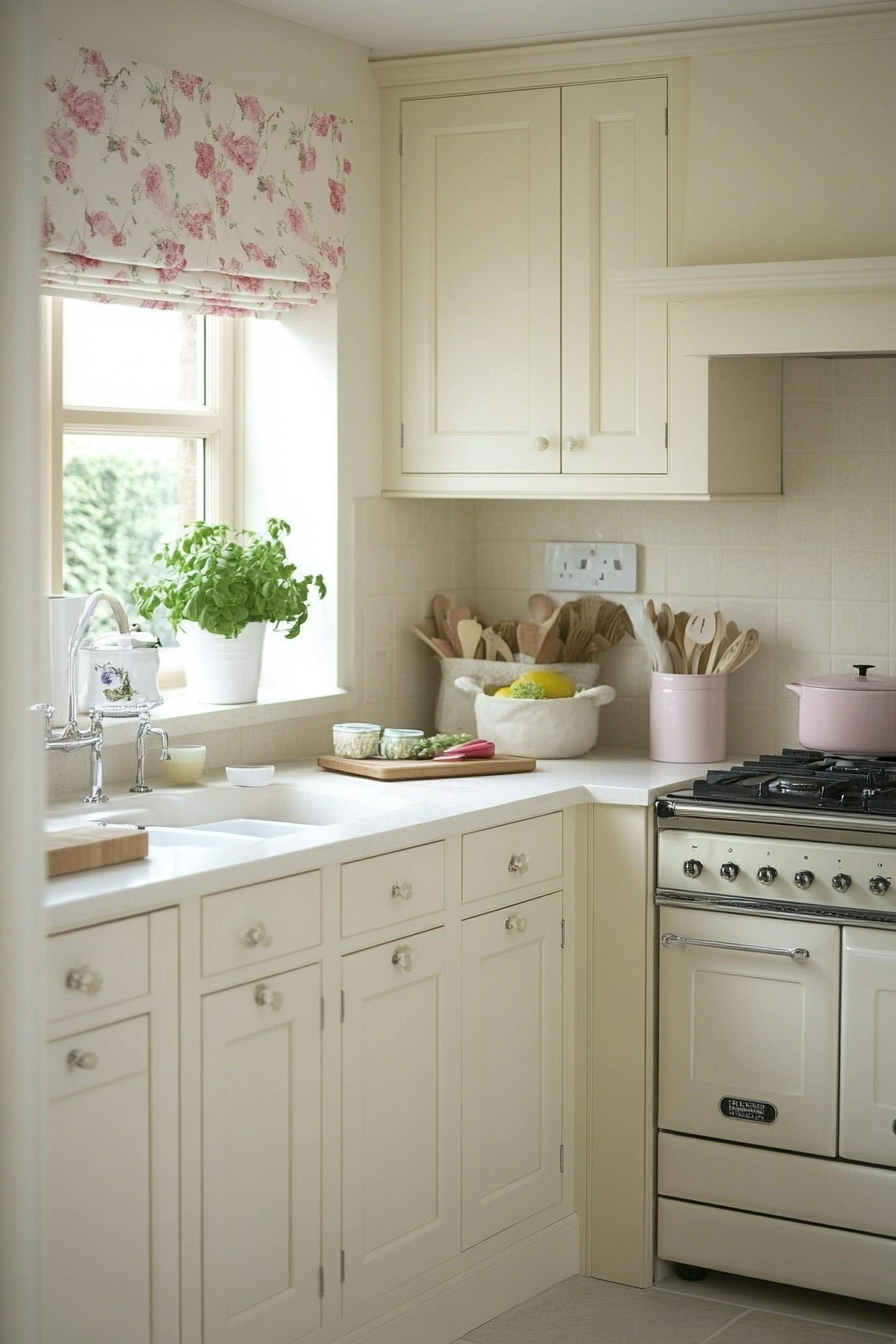 27. Pale Cream with Pastel Accents (Cream Kitchen Cabinet Ideas) - Cream Kitchen Cabinet Ideas
