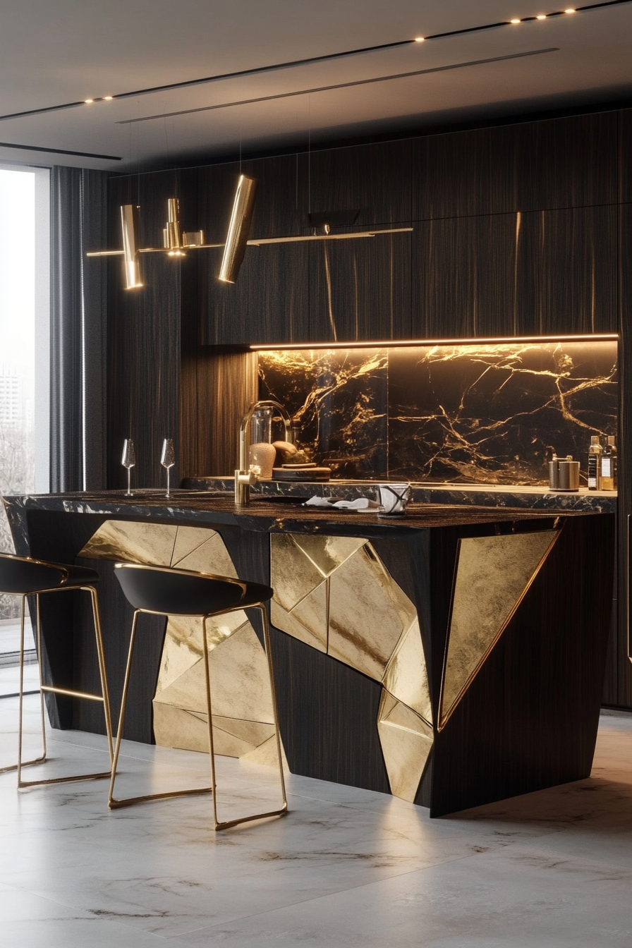 2. Golden Accents and Dark Woods (Luxury Kitchen Ideas) - Luxury Kitchen Ideas