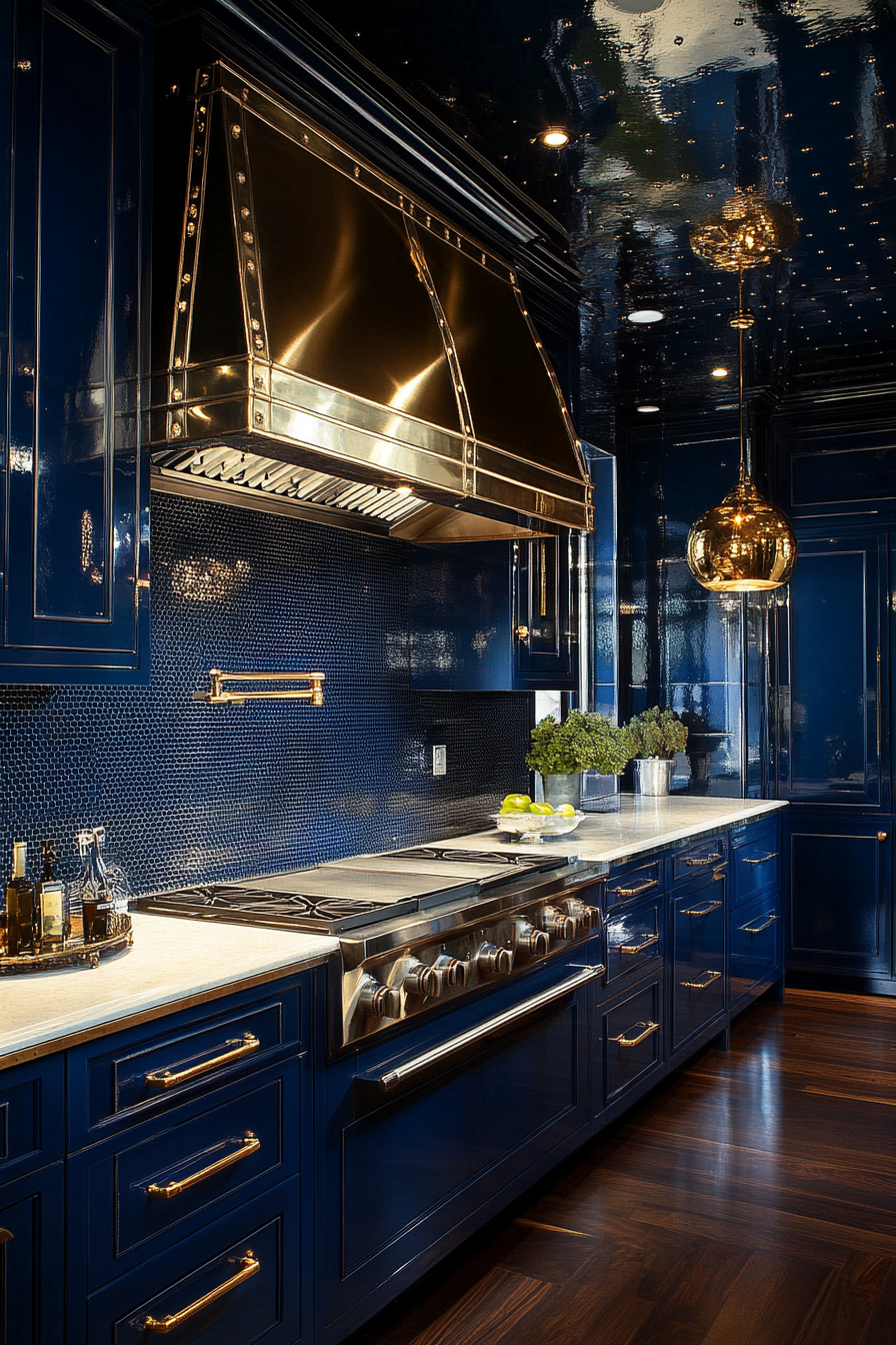 9. Bold Blue and Brass (Luxury Kitchen Ideas) - Luxury Kitchen Ideas