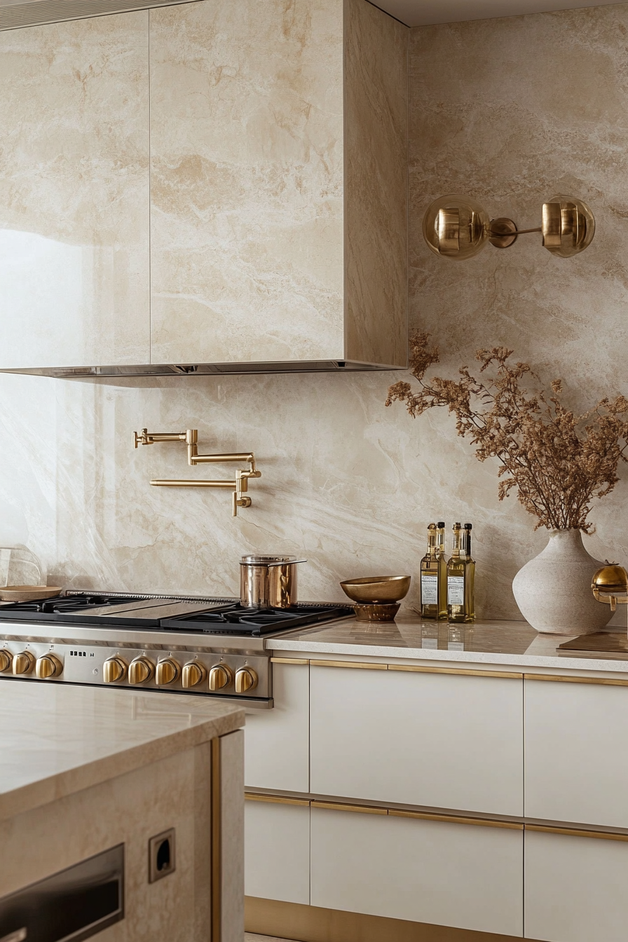 25. Natural Stone & Soft Gold (Luxury Kitchen Ideas) - Luxury Kitchen Ideas