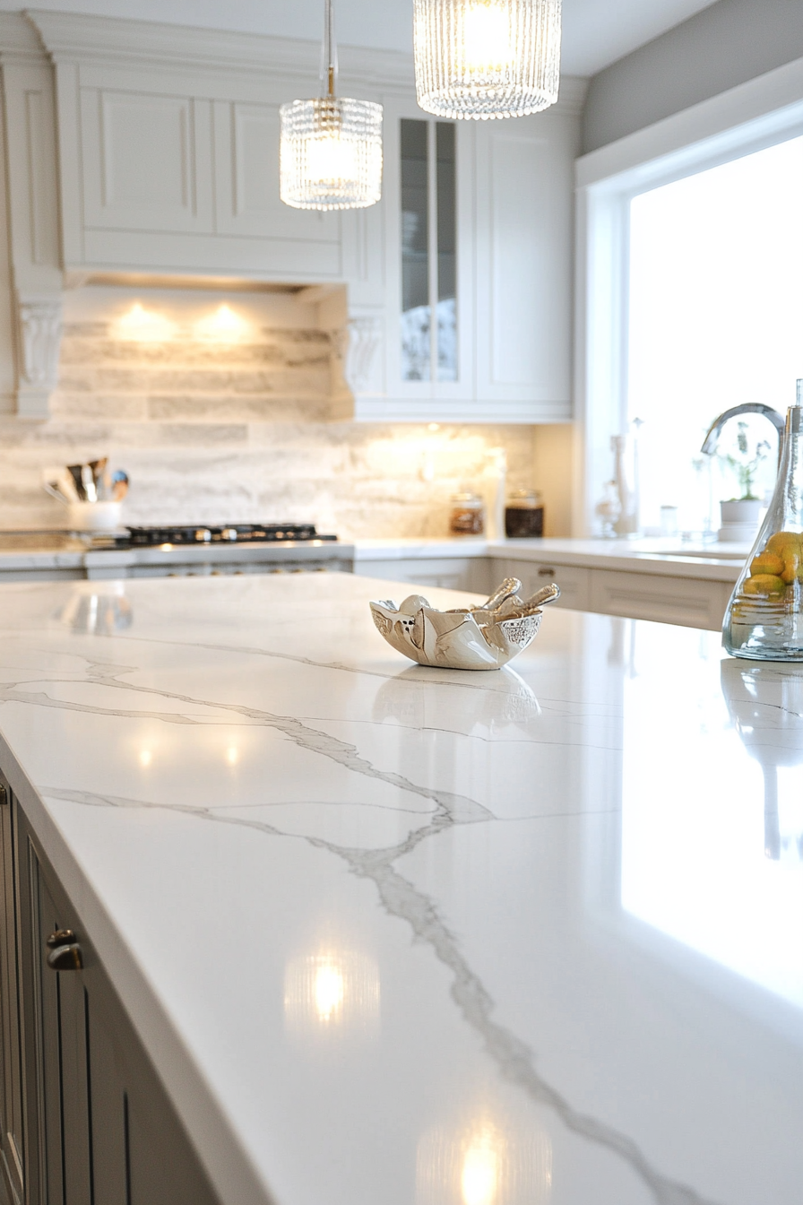 1. Classic White Marble Elegance (White Countertop Kitchen Ideas) - White Countertop Kitchen Ideas