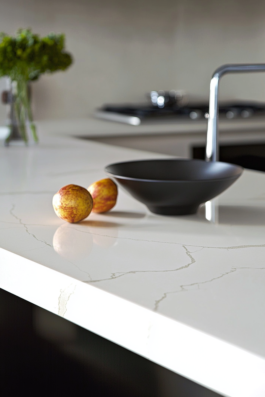 2. Soft White Quartz with Subtle Veins (White Countertop Kitchen Ideas) - White Countertop Kitchen Ideas