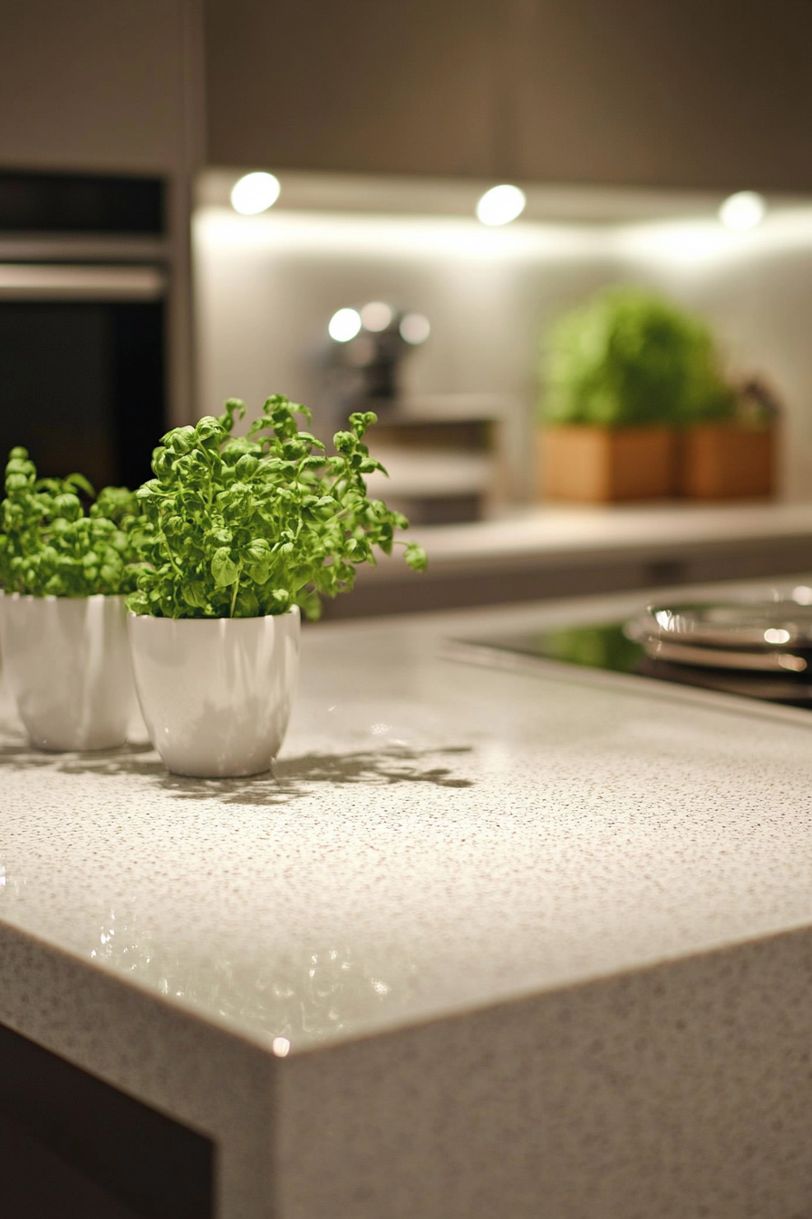 10. Frosted White with Sparkles (White Countertop Kitchen Ideas) - White Countertop Kitchen Ideas