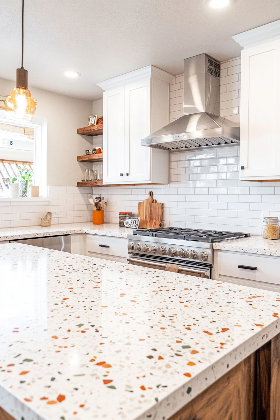 12. Polished White Terrazzo with Color Accents (White Countertop Kitchen Ideas) - White Countertop Kitchen Ideas