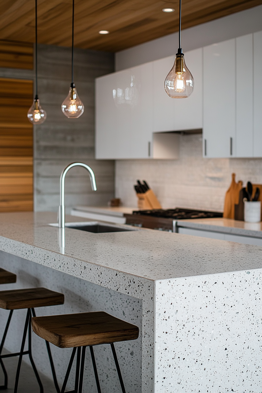 13. White Concrete with Exposed Aggregate (White Countertop Kitchen Ideas) - White Countertop Kitchen Ideas