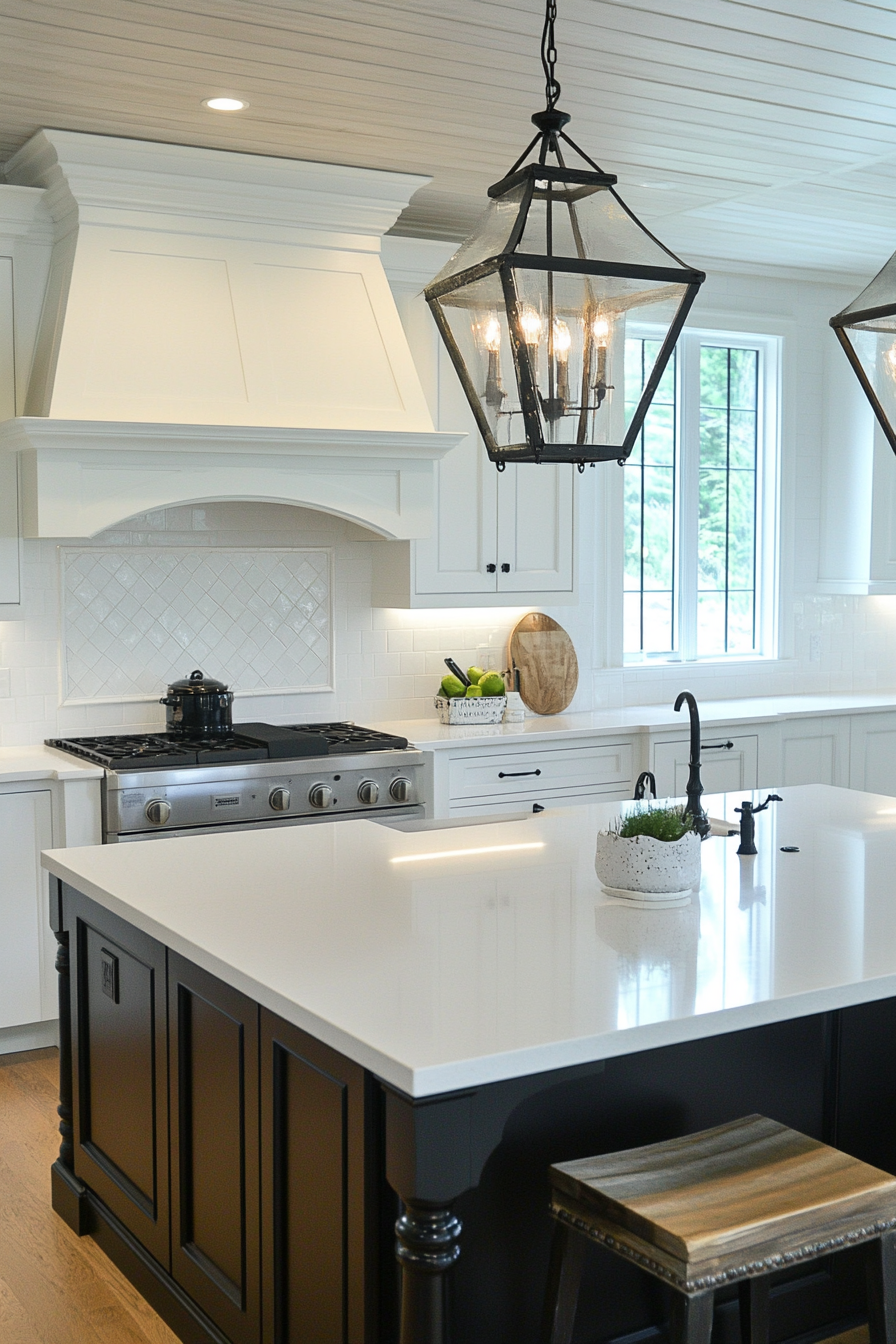 14. Pure White with Glossy Black Trim (White Countertop Kitchen Ideas) - White Countertop Kitchen Ideas