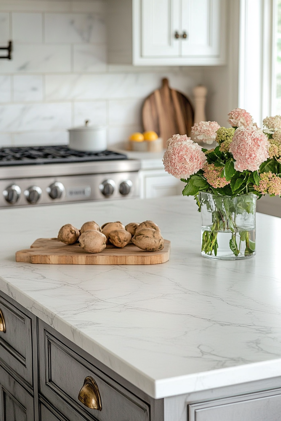 15. Antique White with Distressed Edges (White Countertop Kitchen Ideas) - White Countertop Kitchen Ideas