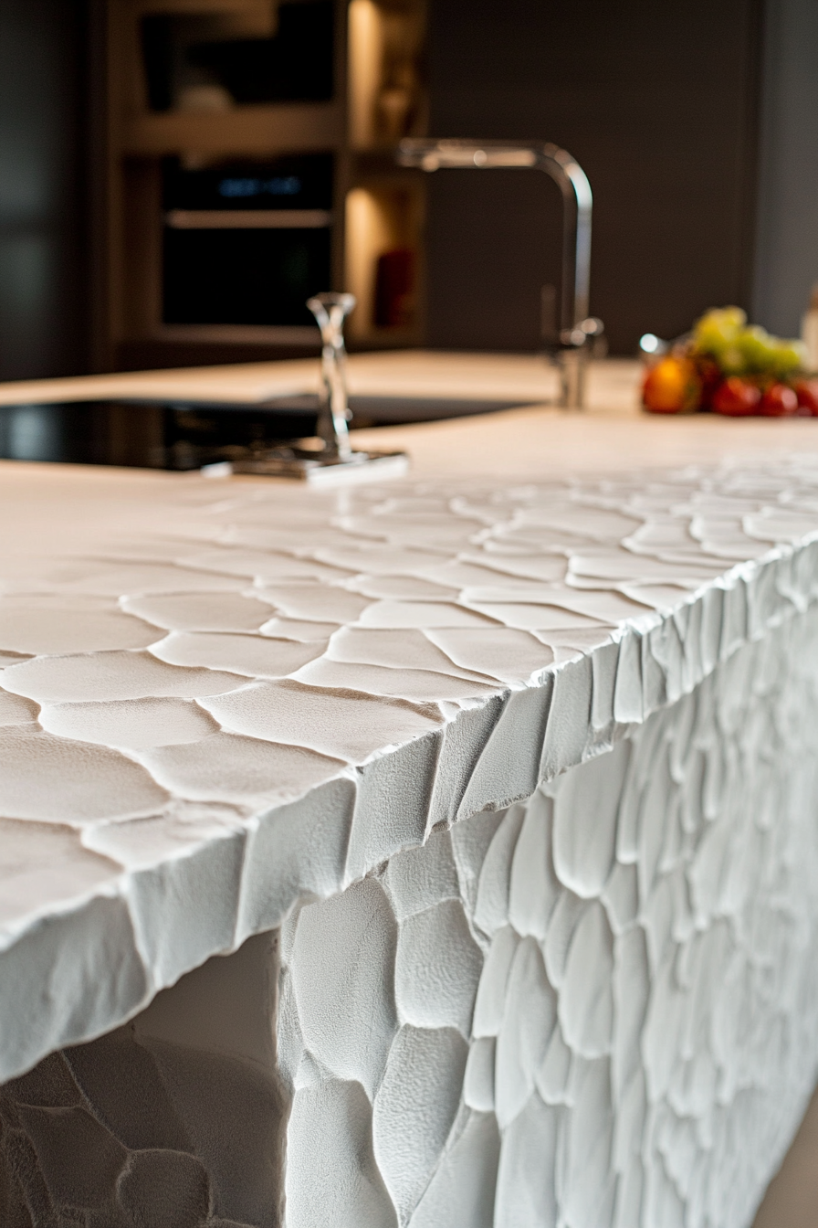 18. Textured White with Polished Accents (White Countertop Kitchen Ideas) - White Countertop Kitchen Ideas